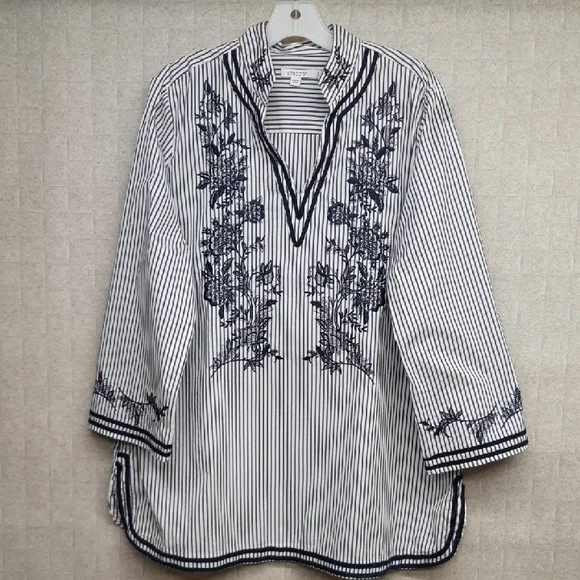Chico's Navy and White Embroidered Striped Tunic Blouse - Picture 1 of 9